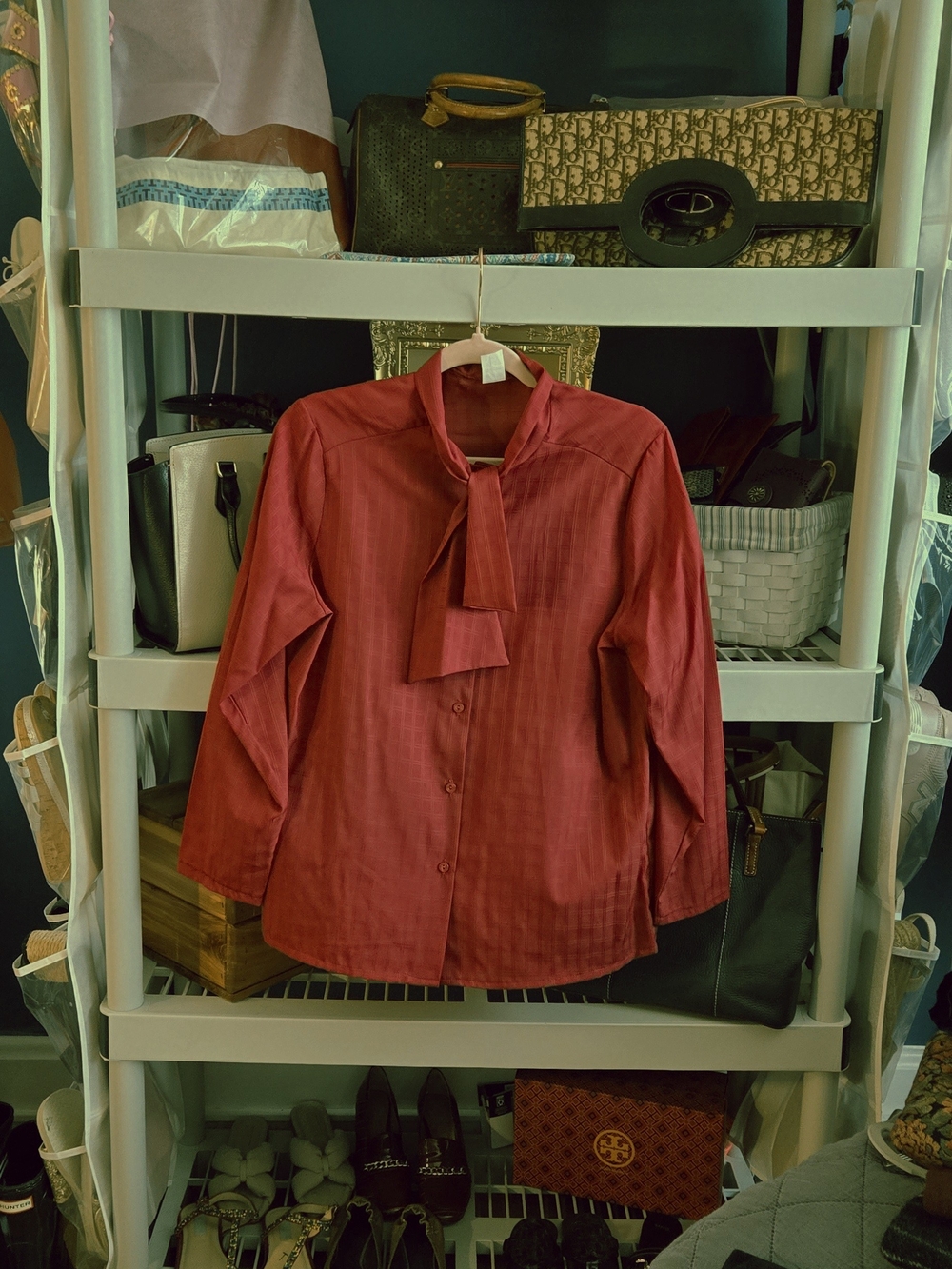 Vintage Cottage Core Burgundy Tie-Neck Blouse